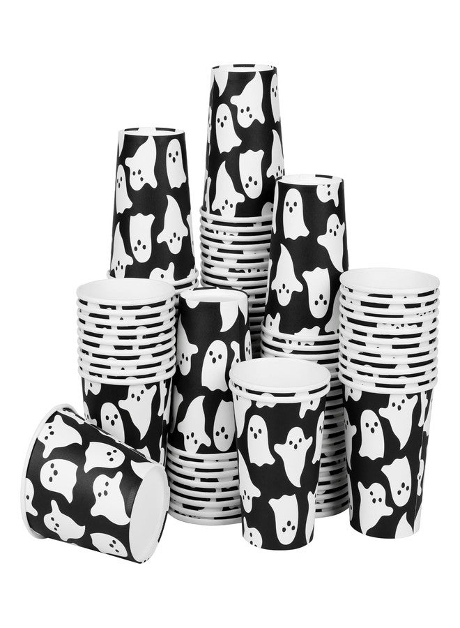 AimFun 100Pcs Halloween Ghost Paper Cups Ghost Spooky Party Cups Black White Boo 9oz Disposable Cold Hot Coffee Drinking Cups for Halloween Party Supplies Table Decor - Image 1